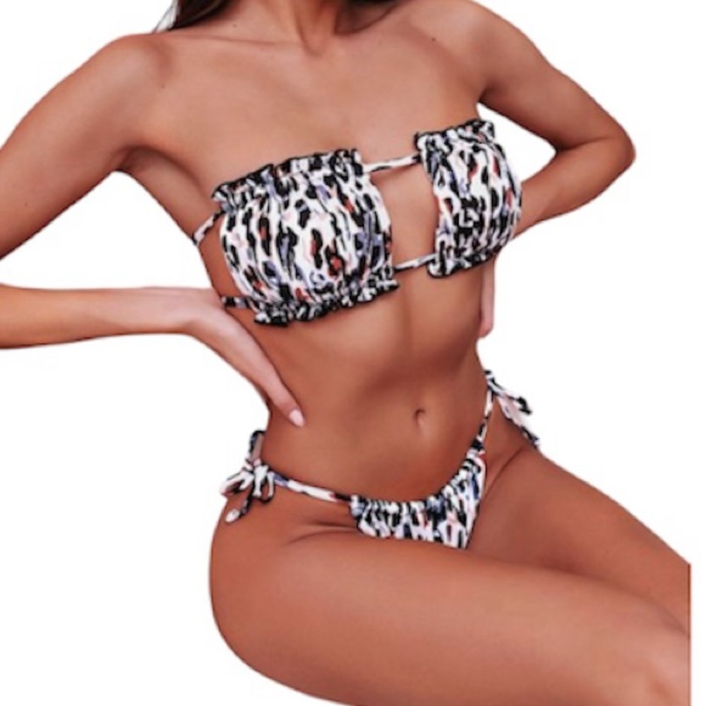 Ruched Frill Bandeau Leopard Print Bikini